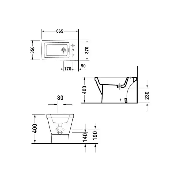 Биде напольное Duravit 2nd Floor 66,5х37 см с 1 отверстием для смесителя (0137100000) фото 3 Aquada.com.ua