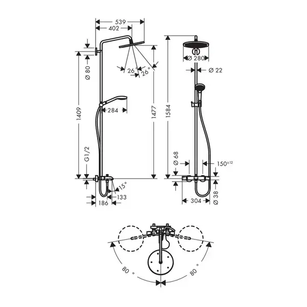 Душевая система с термостатом Hansgrohe Croma Select S Showerpipe 280 1jet (цвет - хром) (26792000) фото 2 Aquada.com.ua
