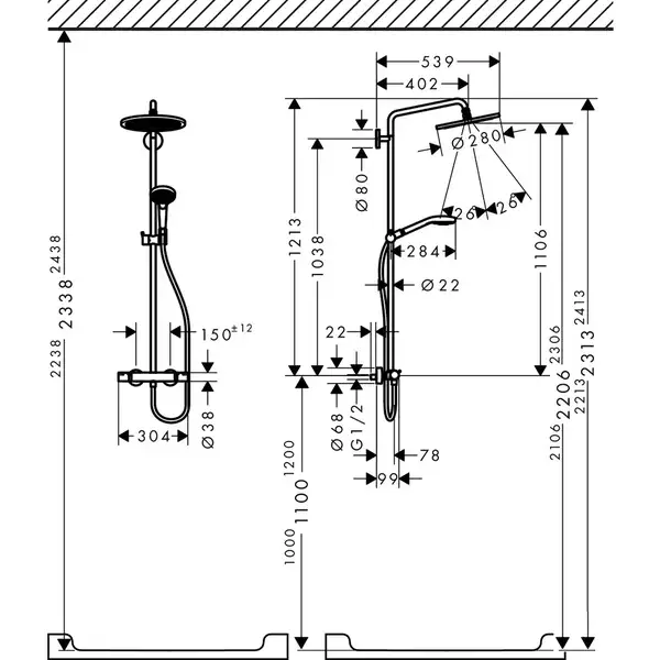 Душева система с термостатом Hansgrohe Croma Select S Showerpipe 280 1jet (цвет - матовая бронза) (26890140) фото 2 Aquada.com.ua