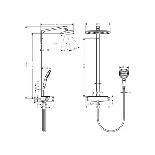 Душевая система с термостатом Hansgrohe Raindance S Showerpipe 360 1jet (цвет - хром/белый) (27112400) фото 3 Aquada.com.ua