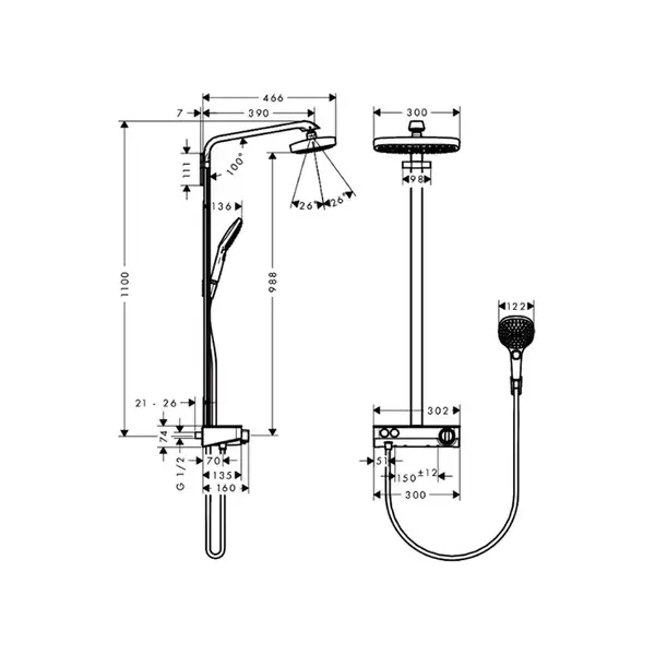 Душевая система с термостатом Hansgrohe Raindance E Showerpipe 300 2jet с ShowerTablet Select 300 (цвет - хром) (27126000) фото 4 Aquada.com.ua