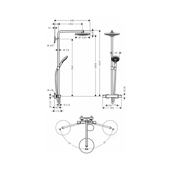 Душевая система с термостатом Hansgrohe Raindance Select S 240 Showerpipe 2jet (цвет - хром/белый) (27129400) фото 4 Aquada.com.ua