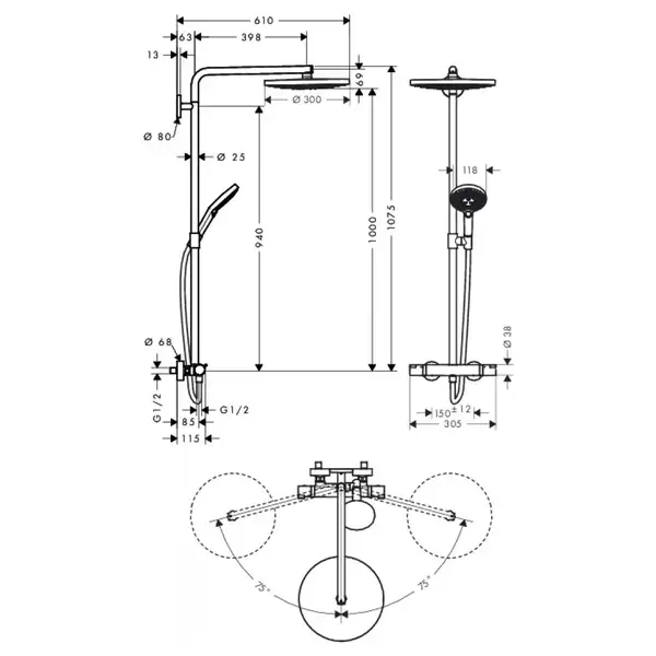 Душевая система с термостатом Hansgrohe Raindance Select S Showerpipe 300 2jet (цвет - хром) (27133000) фото 5 Aquada.com.ua