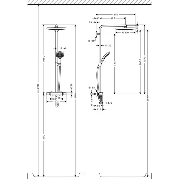 Душевая система с термостатом Hansgrohe Raindance Select S Showerpipe 300 2jet (цвет - хром/белый) (27133400) фото 4 Aquada.com.ua