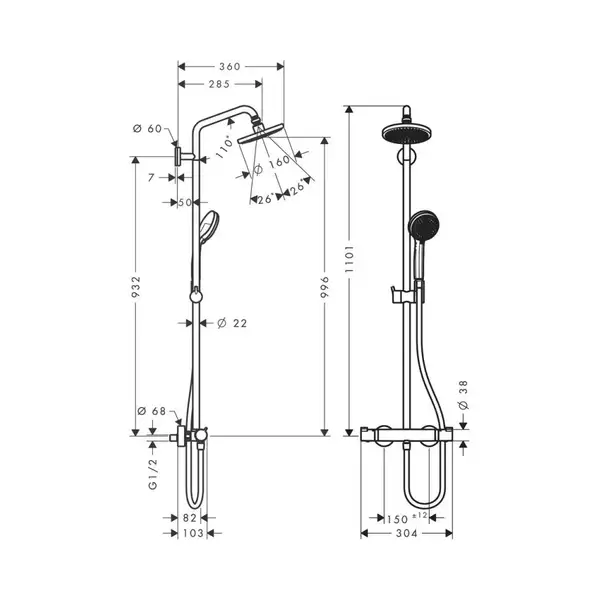 HANSGROHE Hansgrohe Душевая система с Термостатом Croma 160 Showerpipe (27135000) фото 4 Aquada.com.ua