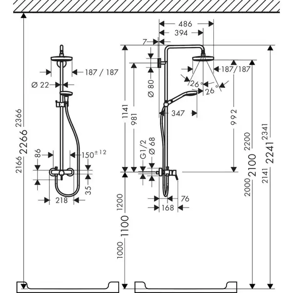 Hansgrohe Croma E Showerpipe 180 2jet Душевая система, хром/белый (27258400)