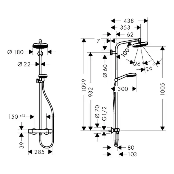 Душова система Hansgrohe Crometta 160 Showerpipe EcoSmart 1jet 9л / хв з термостатом білий / хром (27265400)