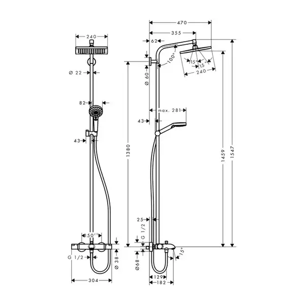 HANSGROHE Душевая система для ванны Crometta E 240 1jet Showerpipe (27298000) фото 2 Aquada.com.ua