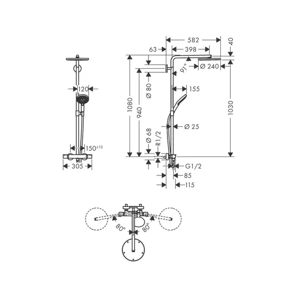 HANSGROHE Душевая система 240 1jet P, Powder Rain, с термостатом, хром Raindance Select S Showerpipe (27633000) фото 2 Aquada.com.ua