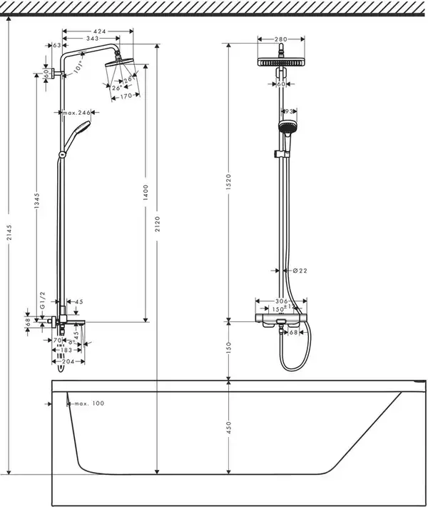 Душевая система Hansgrohe E Showerpipe 280 1jet для ванны, хром (27687000)