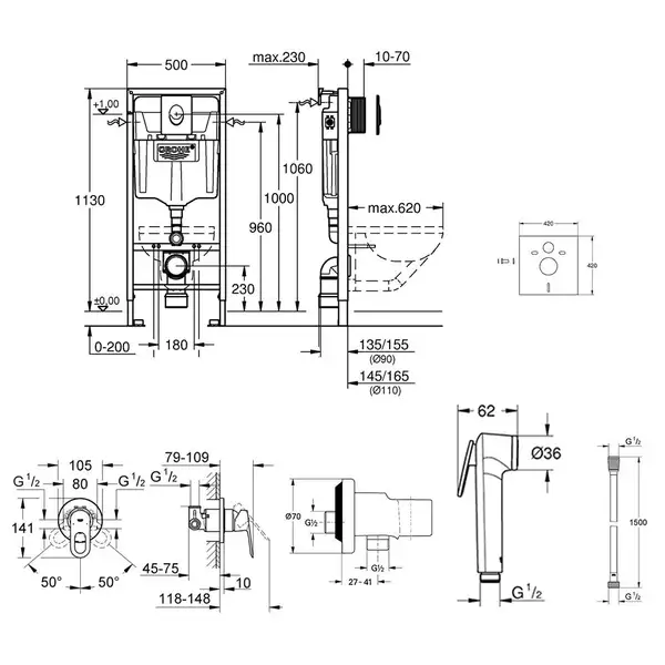 Комплект Grohe инсталляция Rapid SL 38721001 + набор для гигиенического душа со смесителем BauLoop 111042 (38721001111042)