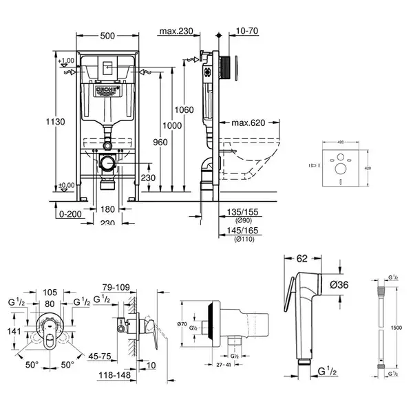 Комплект Grohe инсталляция Rapid SL 38772001 + набор для гигиенического душа со смесителем BauLoop 111042 (38772001111042)