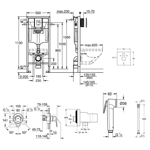 Комплект Grohe инсталляция Rapid SL 38827000 + набор для гигиенического душа со смесителем BauLoop 111042 (38827000111042)