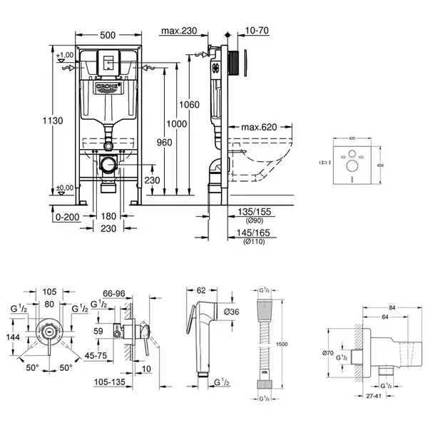 Комплект Grohe инсталляция Rapid SL 38827000 + набор для гигиенического душа со смесителем BauClassic 111048 (38827000111048)