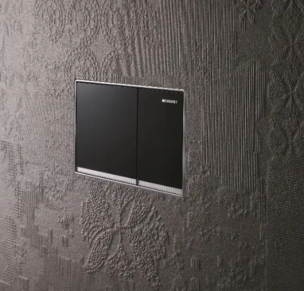 Смывная клавиша Geberit Omega 60, двойной смыв, заподлицо (стекло чёрное/хром глянцевый) (115.081.SJ.1) фото 2 Aquada.com.ua