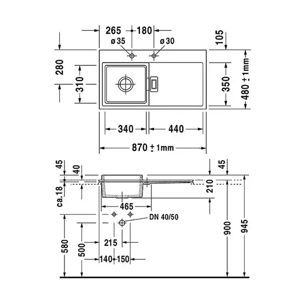 Керамическая кухонная мойка Duravit Starck K 870хх480х210 мм (цвет белый матовый, чаша слева) (7511900027) фото 2 Aquada.com.ua