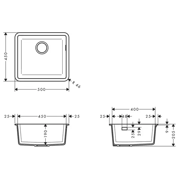 Мойка для монтажа под столешницу Hansgrohe S51 S510-U450 (цвет - чёрный графит) 450 (43431170) фото 4 Aquada.com.ua