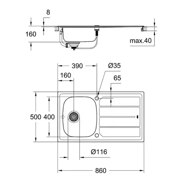 GROHE Мийка для кухні 860 x 500 мм з ексцентриком, 1 чаша (31552SD0) фото 2 Aquada.com.ua