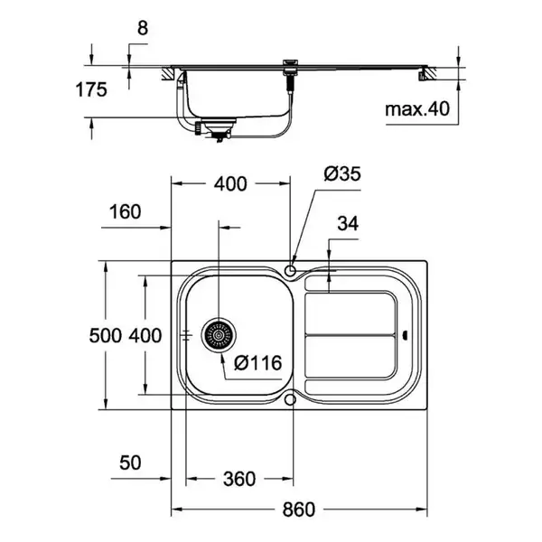GROHE Мийка для кухні 860 x 500 мм з ексцентриком, 1 чаша, матова (31563SD0) (31563SD0) фото 2 Aquada.com.ua