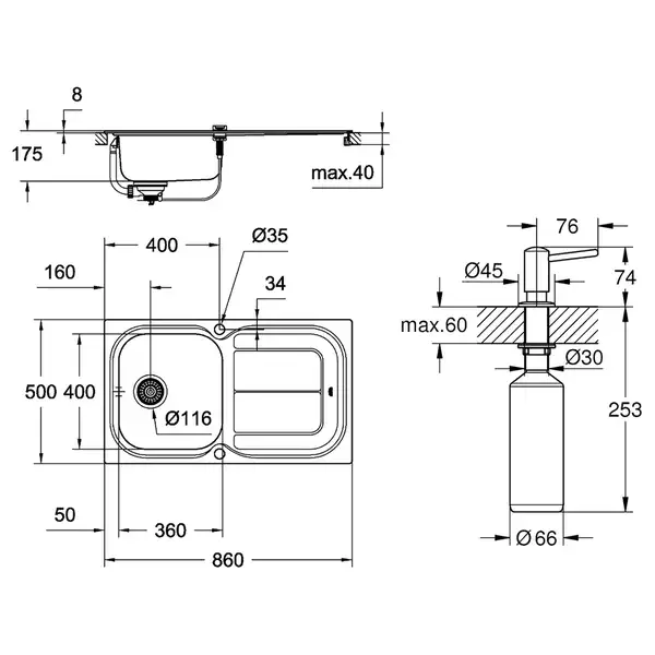 GROHE Мийка для кухні 860 x 500 мм з ексцентриком, 1 чаша, матова (31563SD0)