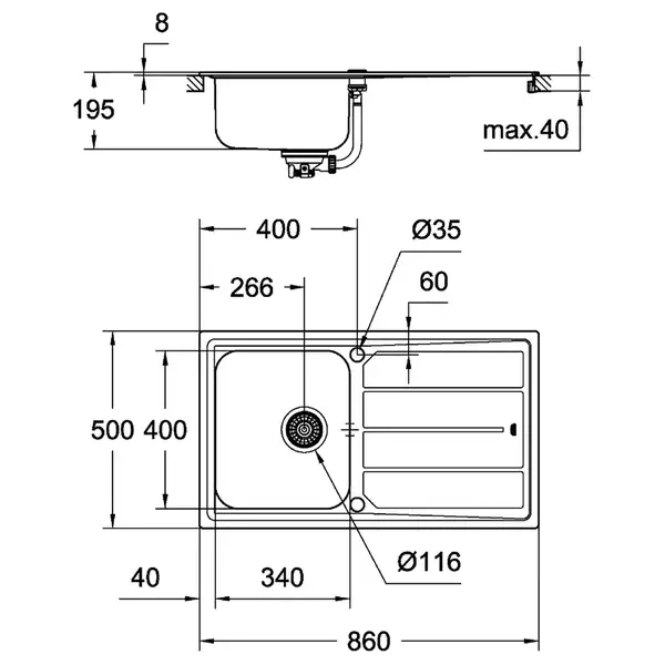 GROHE Мийка для кухні 860 x 500 мм з ексцентриком, 1 чаша, матова (31571SD0)