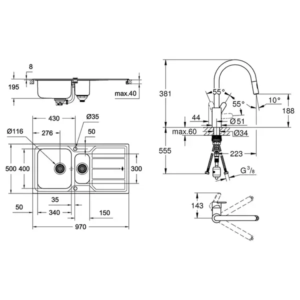 Набор Grohe мойка кухонная K500 31572SD0 + смеситель Eurostyle Cosmopolitan 31482003 (31572SD031482003)