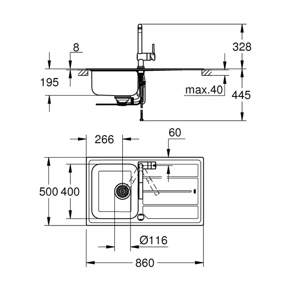 GROHE Комплект Мийка для кухні 860 x 500 мм з ексцентриком, 1 чаша + Minta Змішувач одноважільний для мийки (31573sd0) (31573SD0) фото 2 Aquada.com.ua