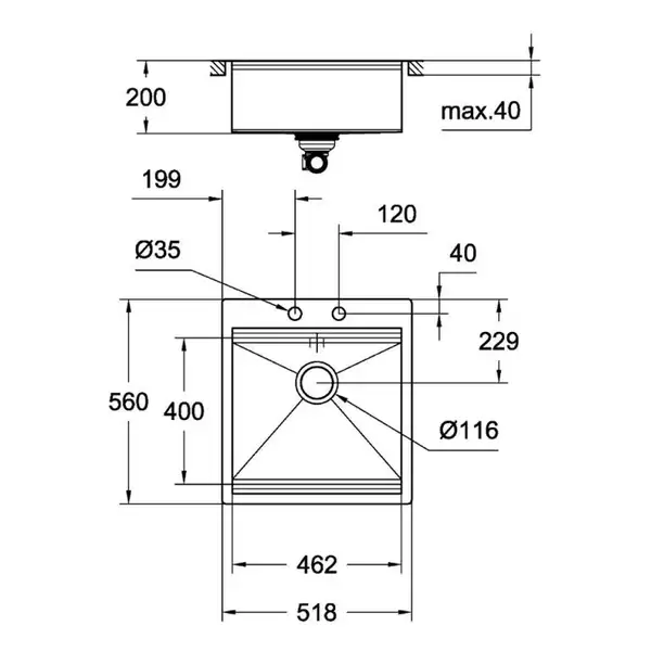 GROHE Мийка для кухні 518 x 560 мм, 1 чаша, матова, в рівень зі стільницею (31583SD0) (31583SD0) фото 2 Aquada.com.ua