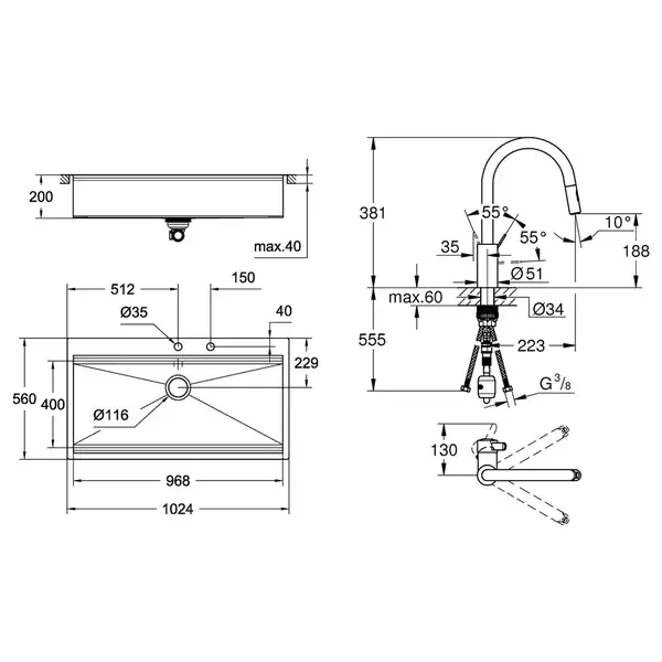 Набор Grohe мойка кухонная K800 31586SD0 + смеситель Eurosmart Cosmopolitan 31481001 (31586SD031481001)