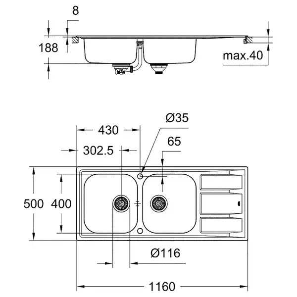 GROHE Мийка для кухні 1160 x 500 мм з ексцентриком, 2 чаши, матова (31587SD0)