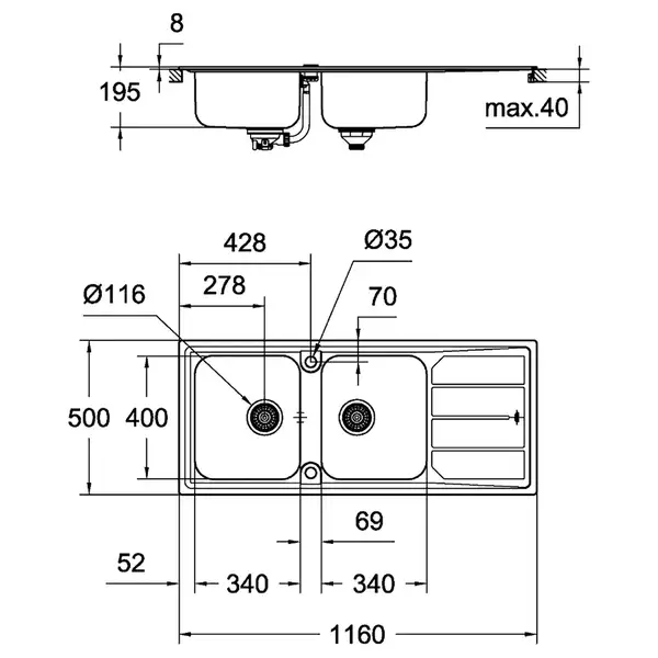 GROHE Мийка для кухні 1160 x 500 мм з ексцентриком, 2 чаши, матова (31588SD0)