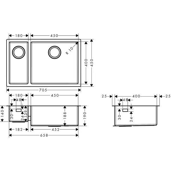 Hansgrohe S71 S719-U655 Кухонная мойка, 2 чаши, сталь (43429800)