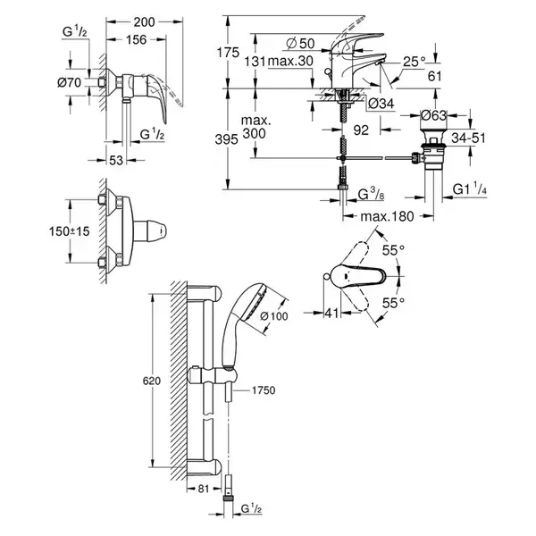 Набор смесителей Grohe Euroeco 123232 умыв,душ,стойка