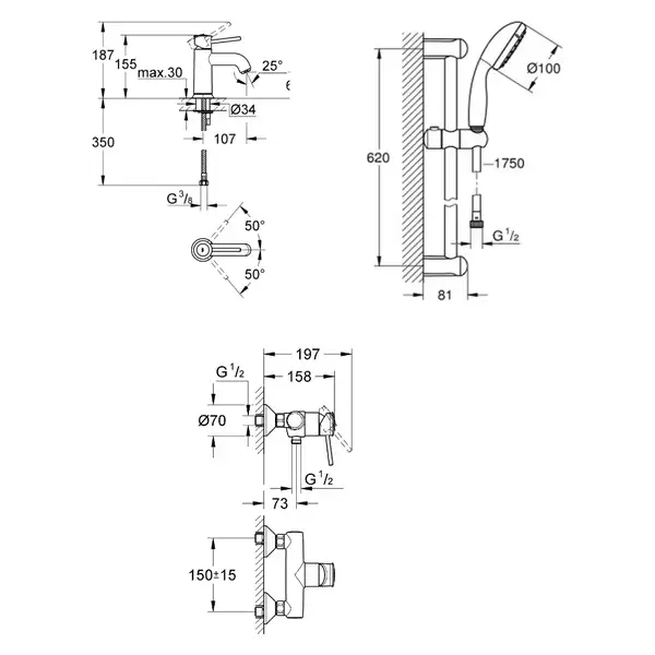 GROHE BauClassic Комплект змішувачів для душу з душовим гарнітуром (123867S) фото 2 Aquada.com.ua