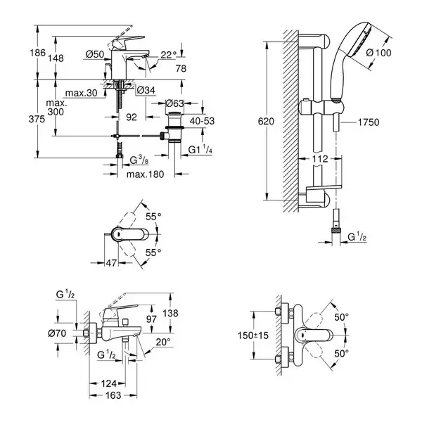 GROHE Набiр змiшувачiв Eurosmart Cosmopolitan 3 в 1, для ванни та душу (126111S)
