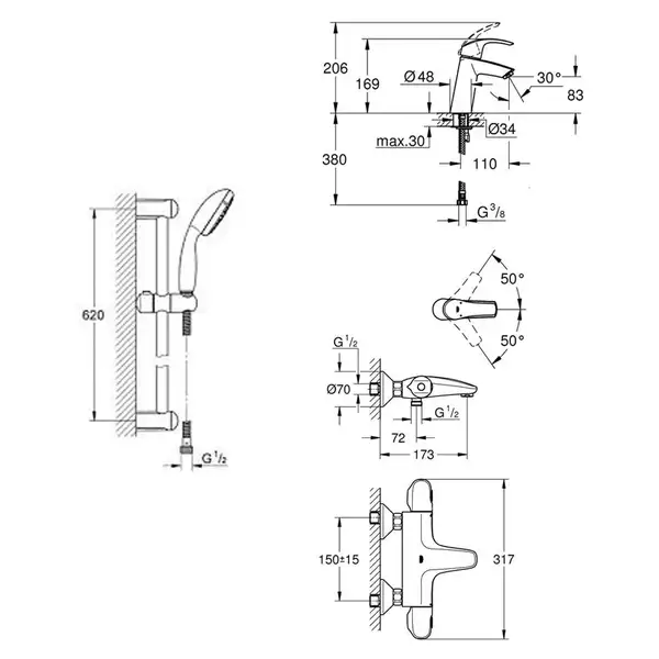 GROHE Набiр змiшувачiв EUROSMART 3 в 1, для ванни та душу з термостатом (34101TM)