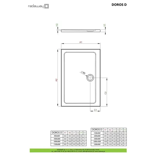 Radaway Doros D Душовий піддон, прямокутний, білий (SDRD1280-01)