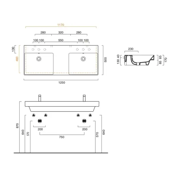 Раковина двойная Catalano New Zero 125 х 50 см (1125ZEDUP00) фото 3 Aquada.com.ua