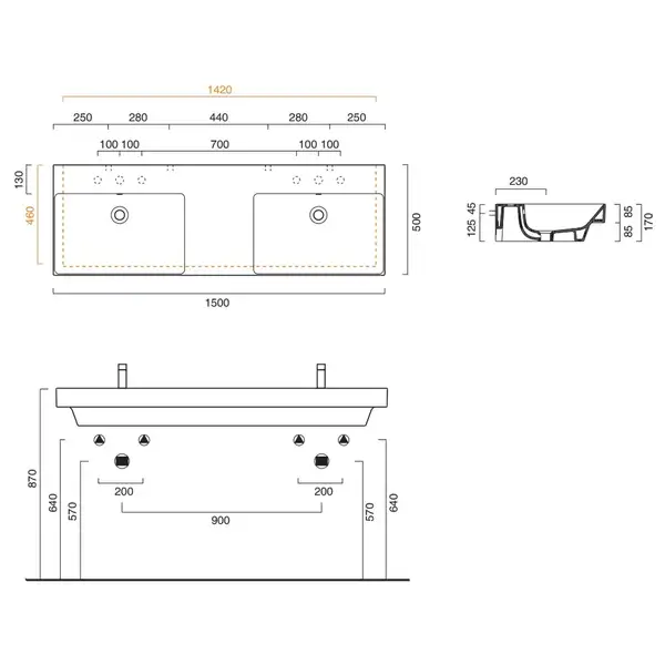 Раковина двойная Catalano New Zero 150 х 50 см (1150ZEDUP00) фото 4 Aquada.com.ua