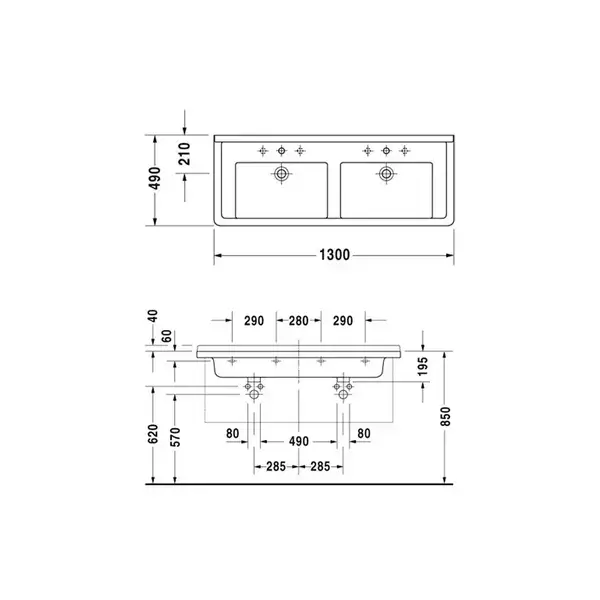 Раковина двойная Duravit Starck 3 1300 х 490 мм (0332130000) фото 3 Aquada.com.ua