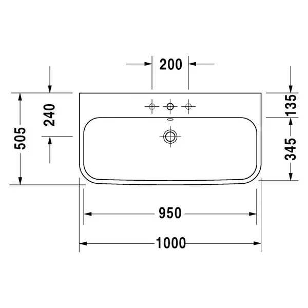 Раковина Duravit Happy D.2 100х50,5 см см (с 3 отв. под смеситель, шлифованная) (2318100025) фото 3 Aquada.com.ua