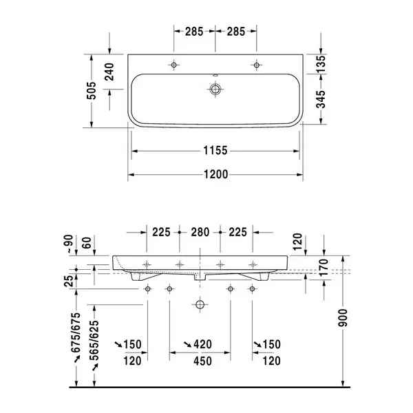 Раковина Duravit Happy D.2 120х50,5 см (с 1 отв. под смеситель) (2318120000) фото 3 Aquada.com.ua