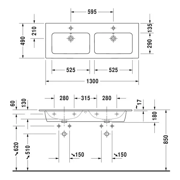 Раковина двойная мебельная Duravit Me by Starck 130 x 49 см (2336130000) фото 2 Aquada.com.ua