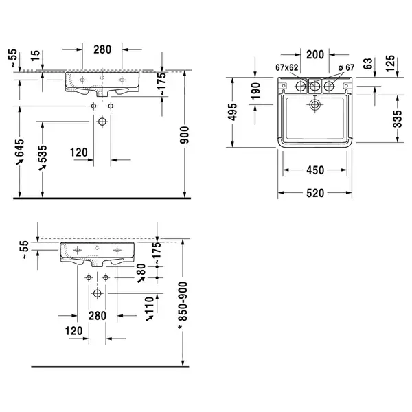 Раковина подвесная Duravit DuraStyle 52 х 49,5 см, с 3 отв. под смеситель (2631520030) фото 2 Aquada.com.ua