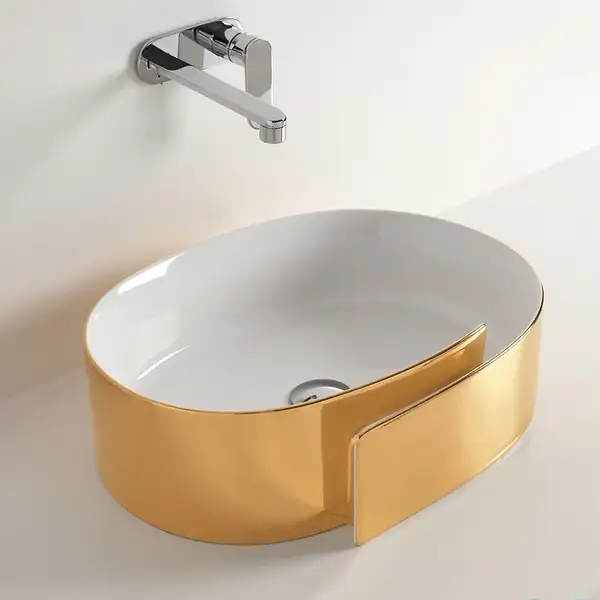 Раковина накладная на столешницу Flaminia Roll Bianco/Oro 56 х 42 х h17 см (RL56L/BIANCO/ORO) фото 1 Aquada.com.ua
