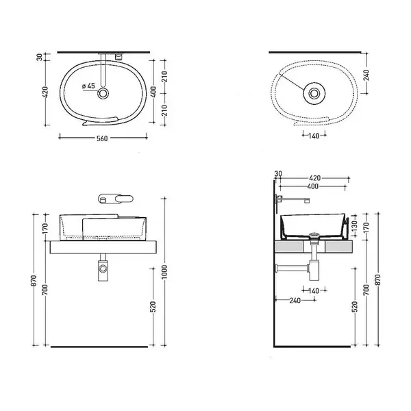 Раковина накладная на столешницу Flaminia Roll Bianco/Oro 56 х 42 х h17 см (RL56L/BIANCO/ORO) фото 2 Aquada.com.ua