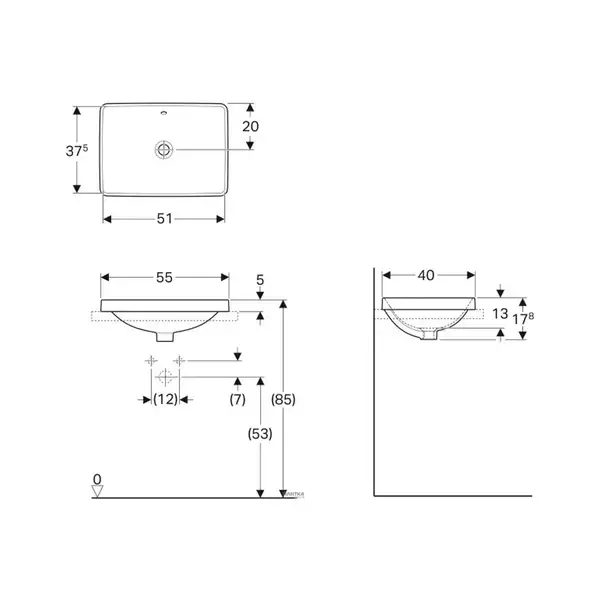 Geberit VariForm Раковина встраив. 55x40, без отверстия, белая (500.737.01.2)