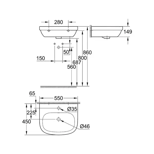 Раковина подвесная Grohe Euro Ceramic 55 х 45 см, с покрытием PureGuard (3933600H) фото 2 Aquada.com.ua