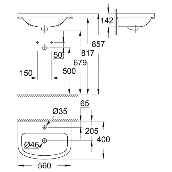 Раковина встраиваемая в столешницу сверху Grohe Bau Ceramic 56 х 40 см (39422000) фото 3 Aquada.com.ua