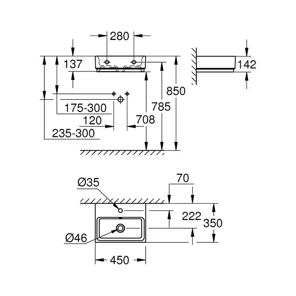 Умивальник підвісний Grohe Cube Ceramic 455х350 мм, білий (3948300H)